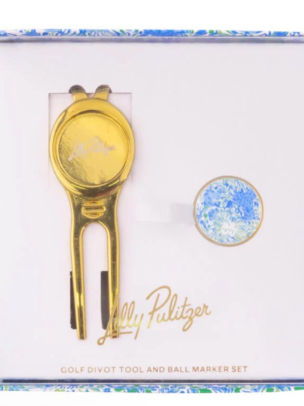Lilly Pulitzer Gold Divot Tool with Blue Floral Golf Ball Marker. - Picture 2 of 2